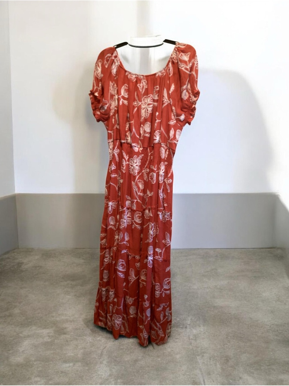 Rust Floral Maxi Dress with Gathered Neckline - Picture 11 of 13